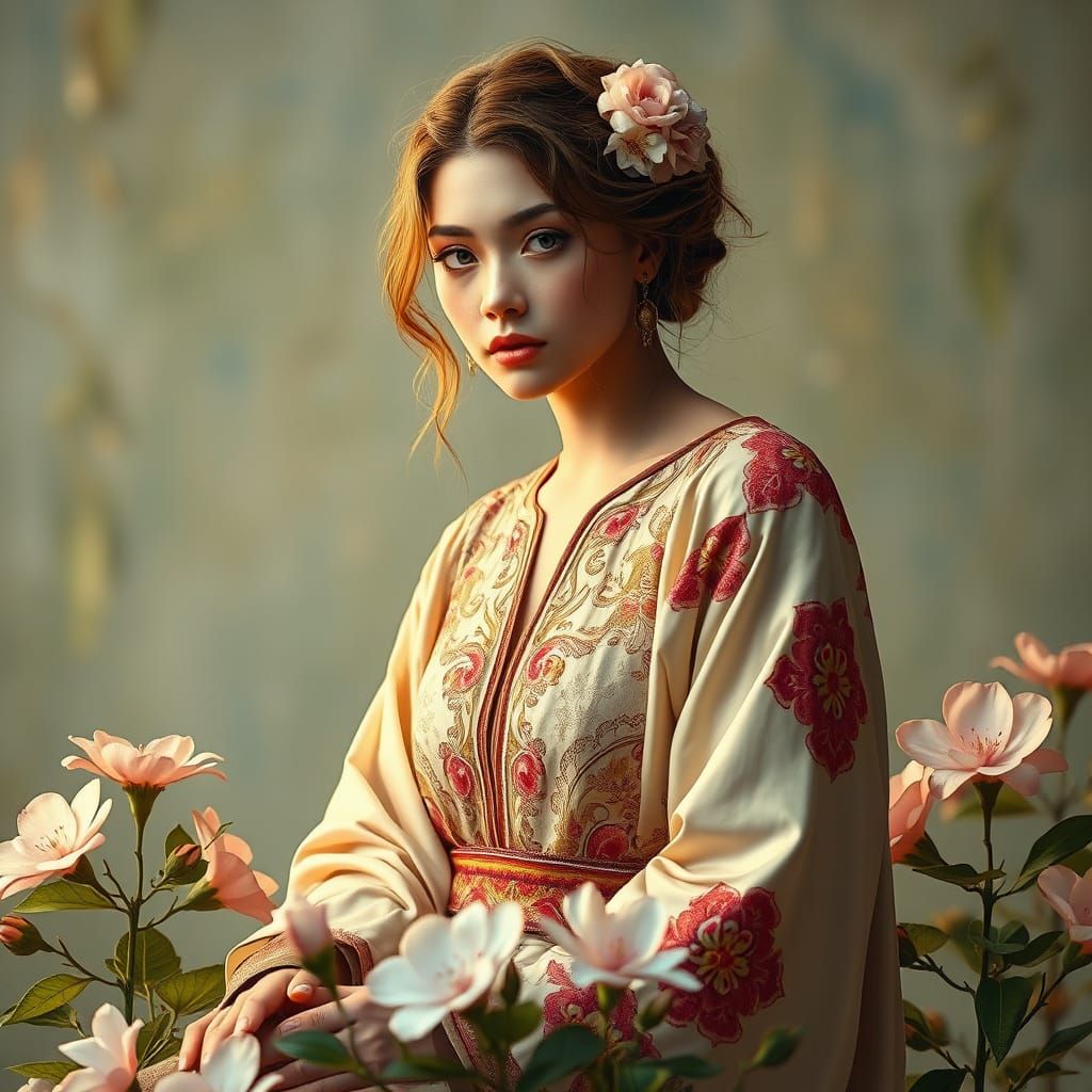 Woman with Blooming Flowers: Hyperdetailed Art Nouveau Portr...