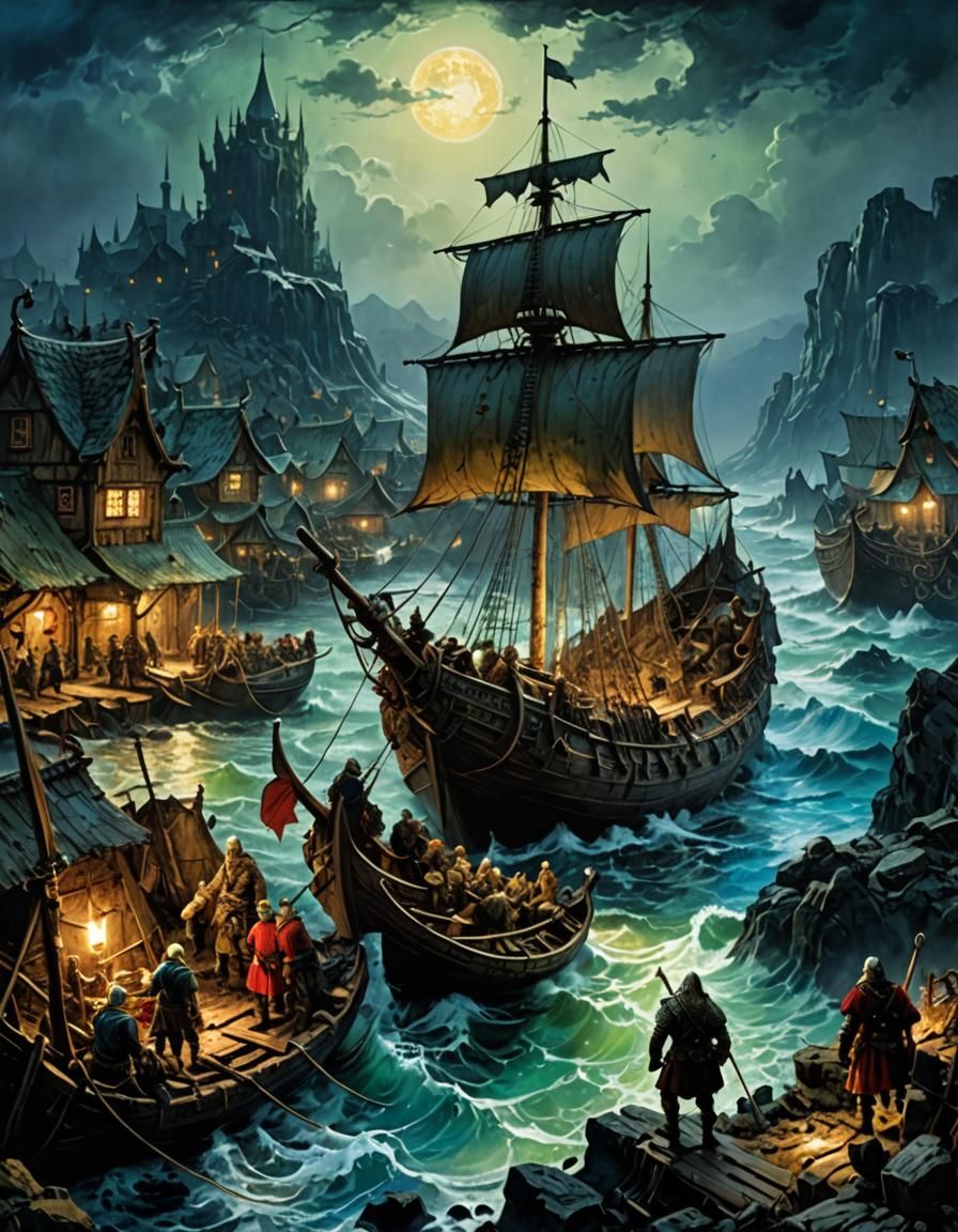 Bioluminescent Viking Raid, Hyperdetailed Fantasy Art