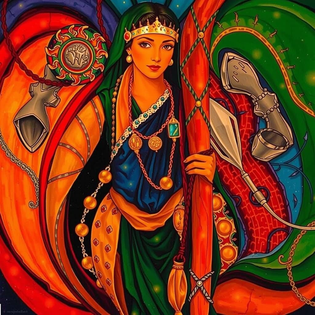 Serene Goddess Amidst Celestial Orbs