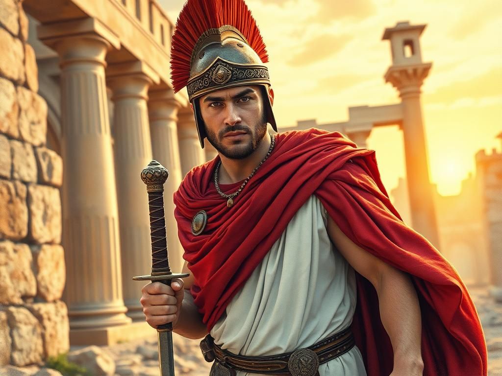 Roman Legionary in Ruined City, Cinematic Illustration