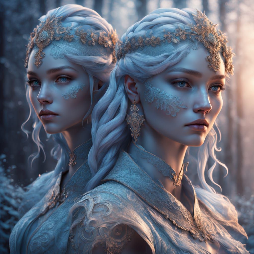 Ethereal Twin Goddesses in Icy Splendor
