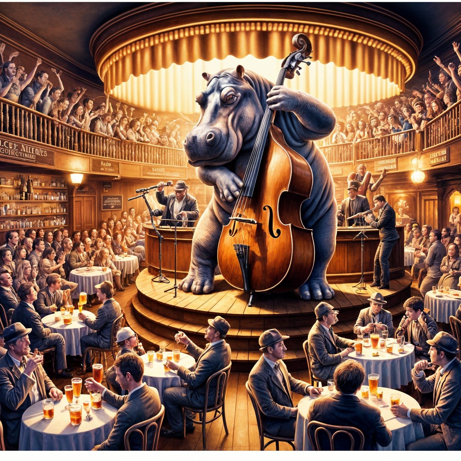 Hippo Plays Contrabass at Bustling Pub Concert