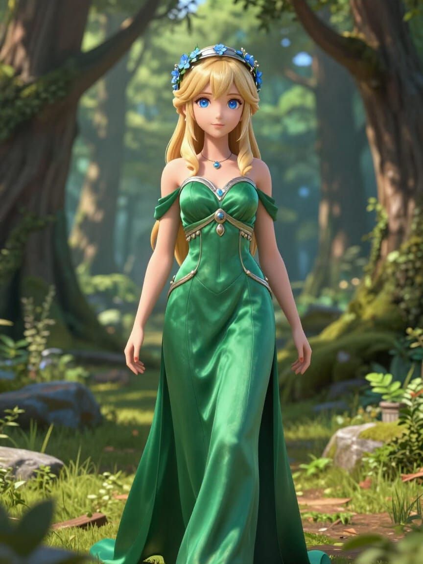 Ethereal Princess in Verdant Gown, Ancient Forest Clearing