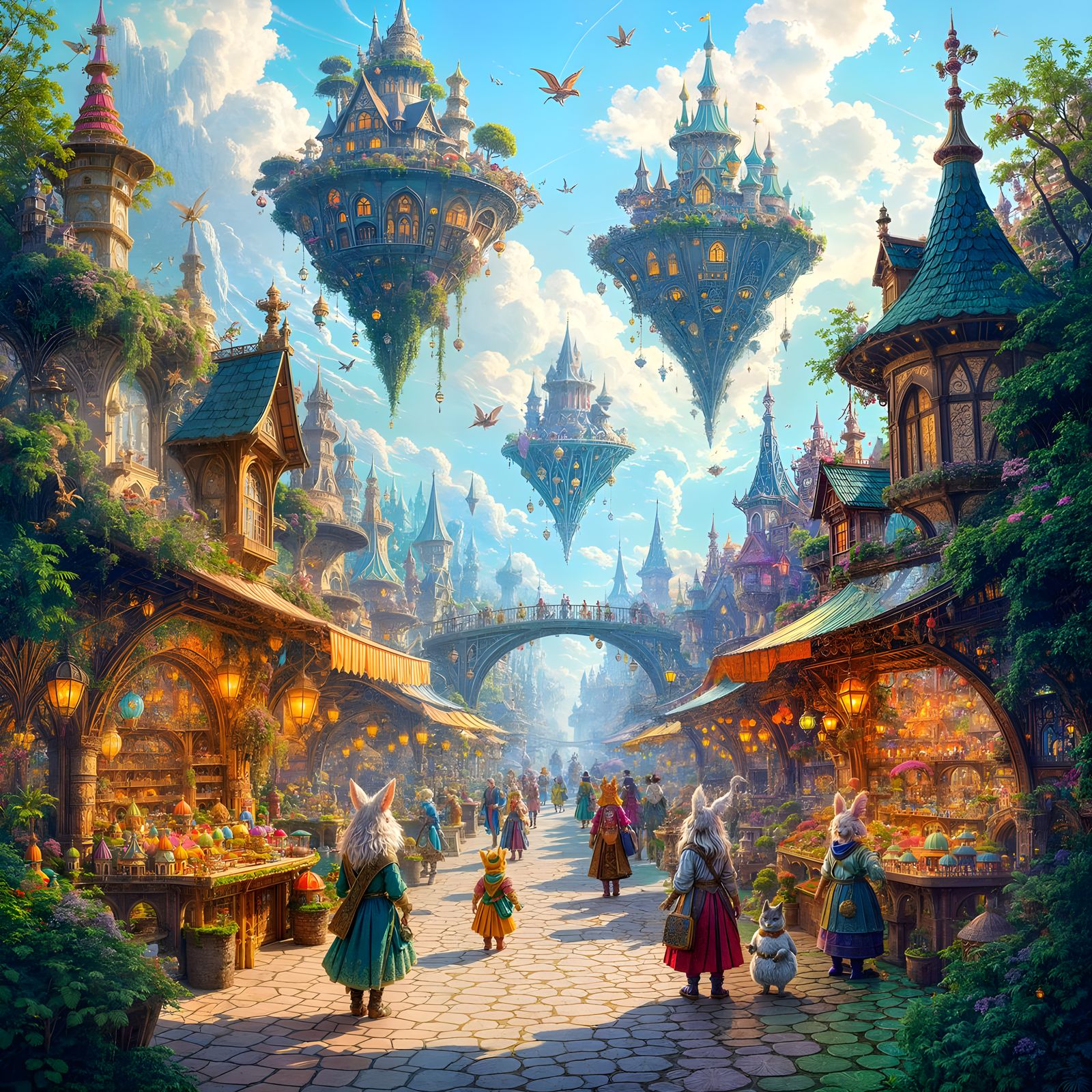 Whimsical Marketplace With Mythical Creatures & Floating Isl...