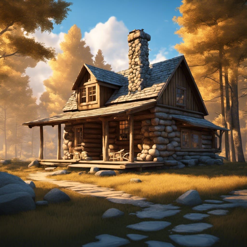 Rustic Cabin in Forest at Golden Hour