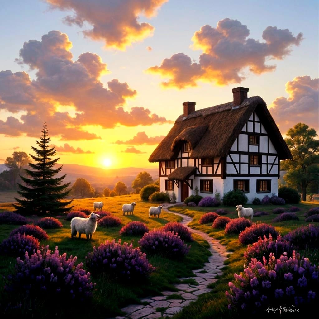 Heather Landscape with Thatched House in Evening Sun