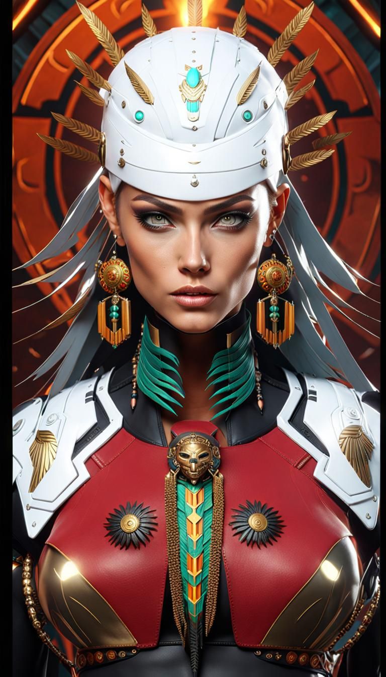 Aztec Warrior Woman in Cyberpunk Servo-Armor