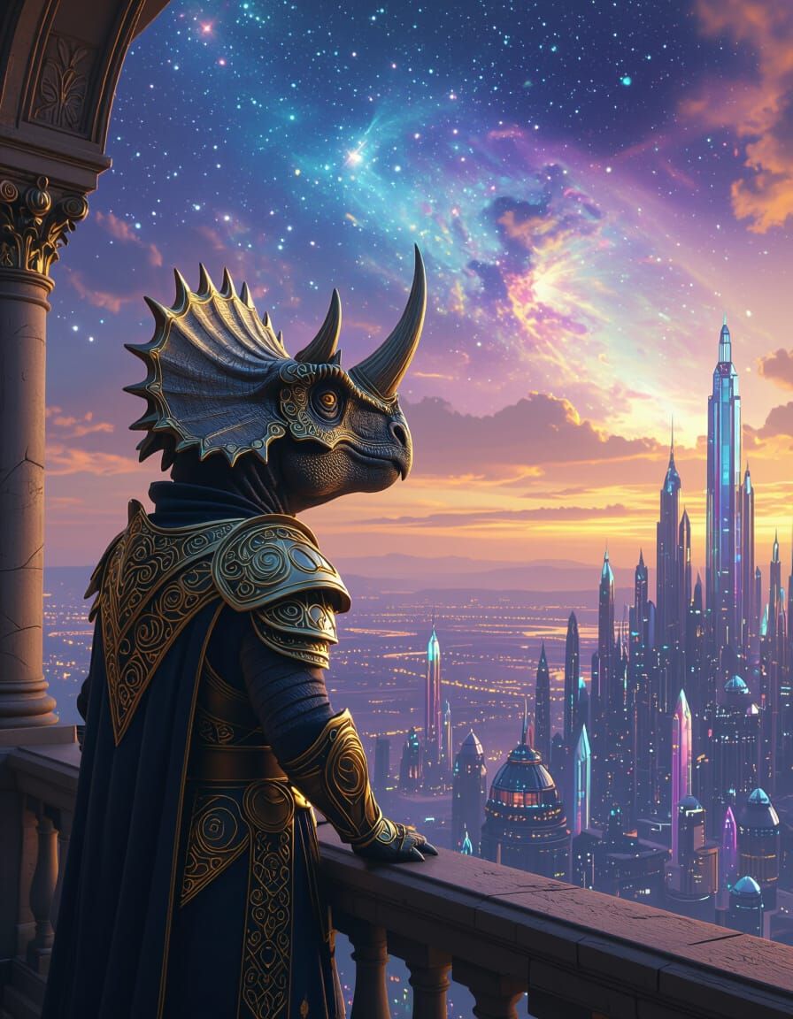 Armored Triceratops Overlooks Crystalline City, Hyperrealist...