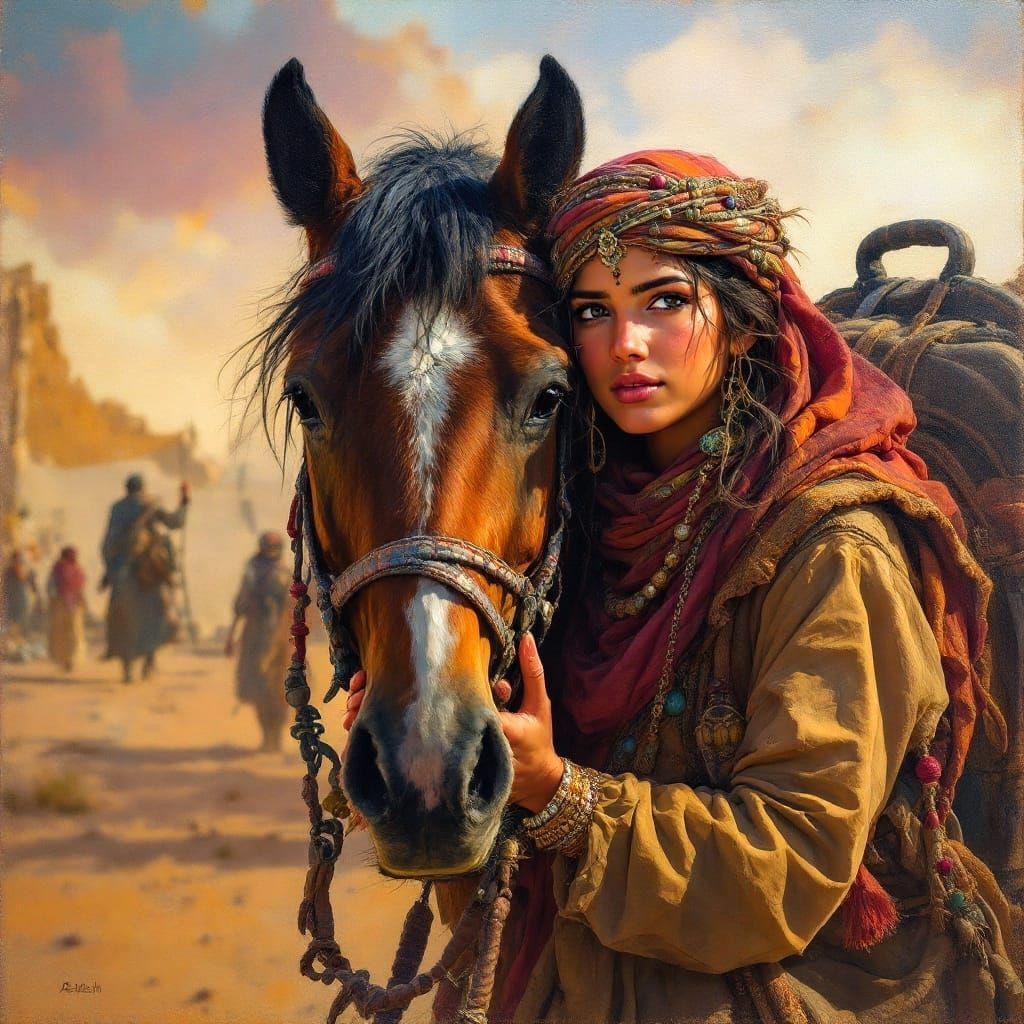 Bedouin Woman and Arabian Horse: Hyperdetailed Oil Painting