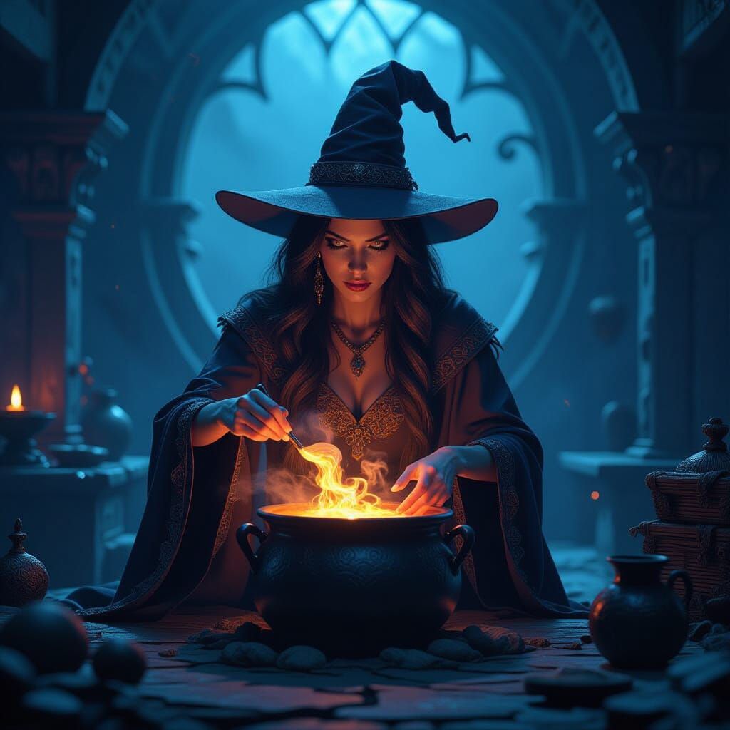 Witch Brewing Vibrant Potion in Dimly Lit Chamber