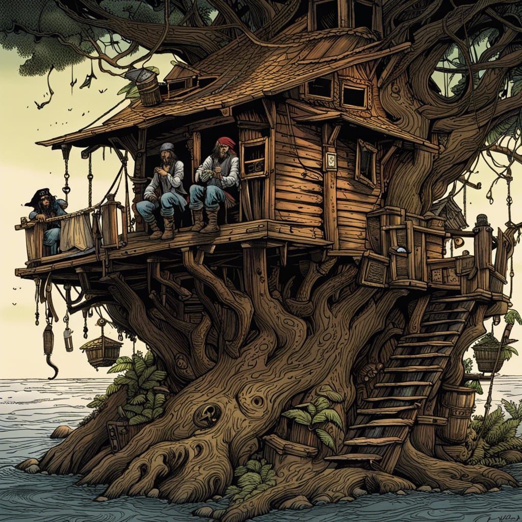 Pirates Relaxing in a Treehouse Hideout