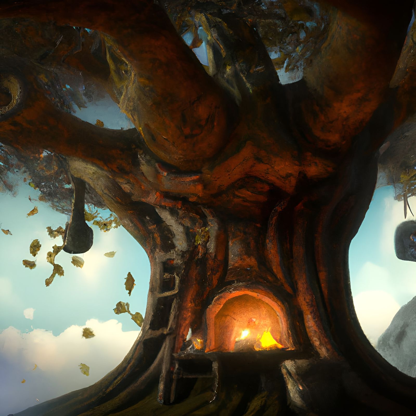 Mystical Elven Tree Fort with Sky Plants