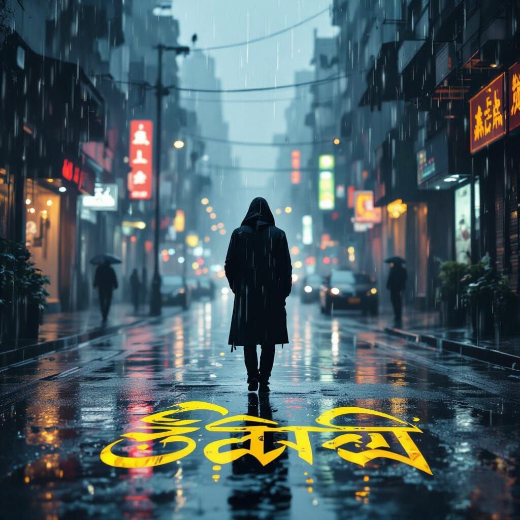 Golden Bengali Calligraphy in Rainy Cyberpunk Street