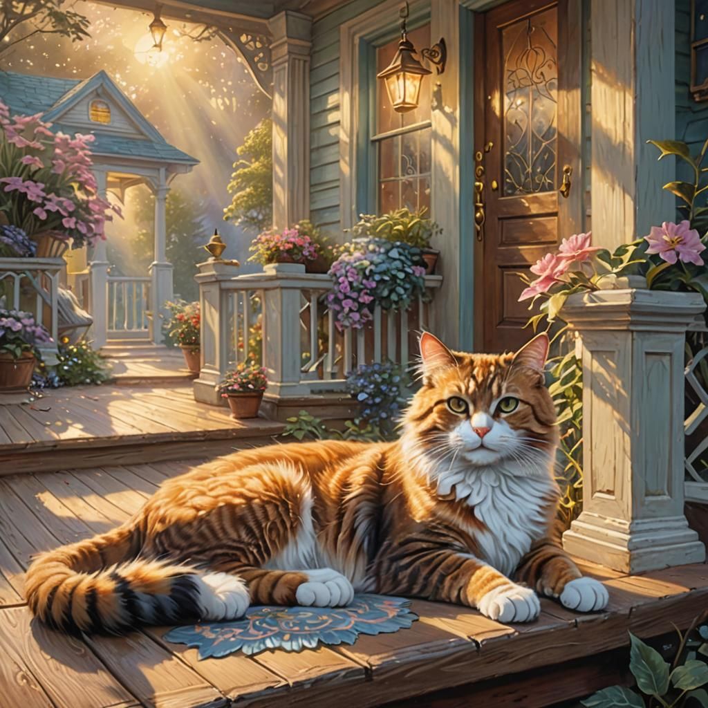 Cat Sunbathing on Magical Porch in Ethereal Style