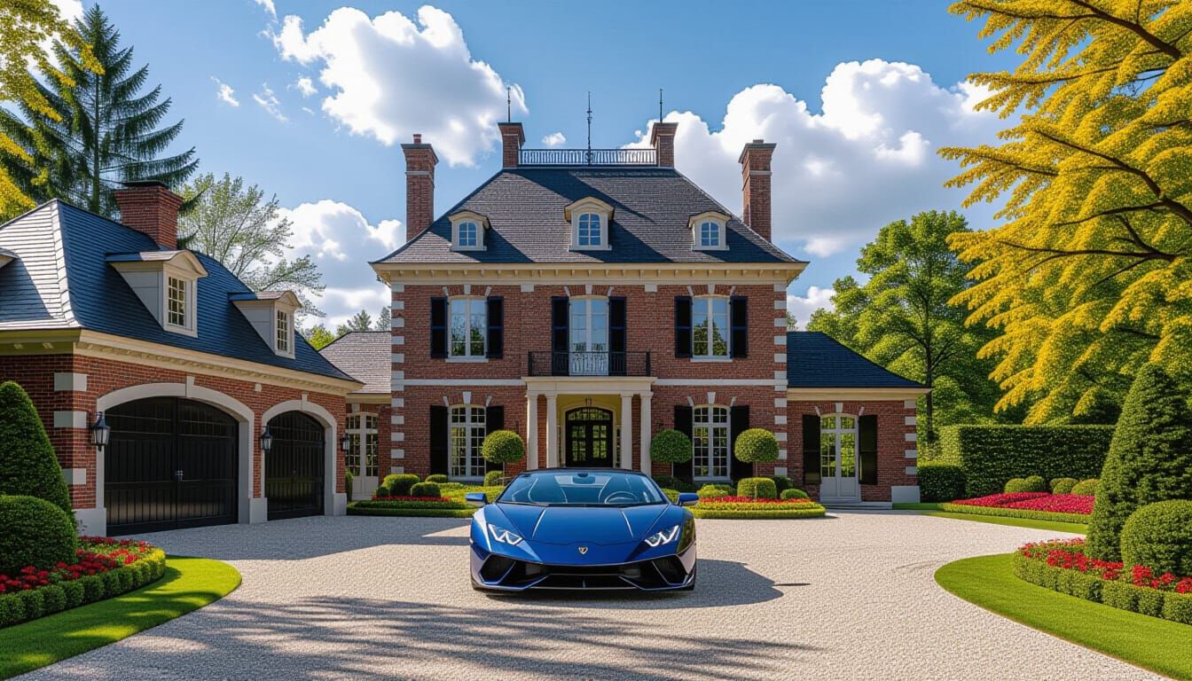 Victorian Chateau with Lamborghini in Summer Garden