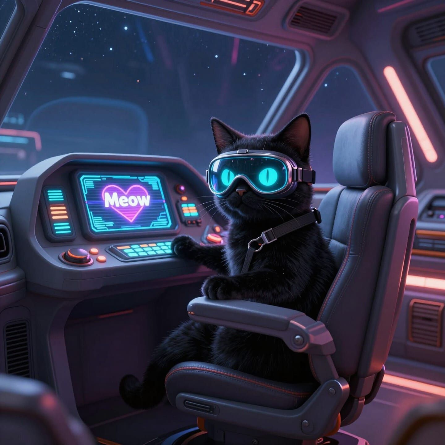 Cat Pilot in Futuristic Spaceship Cockpit