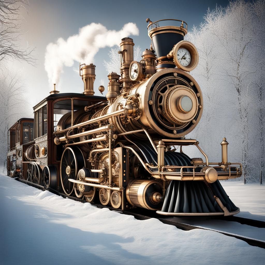 Steampunk Clockwork Train in Winter Wonderland