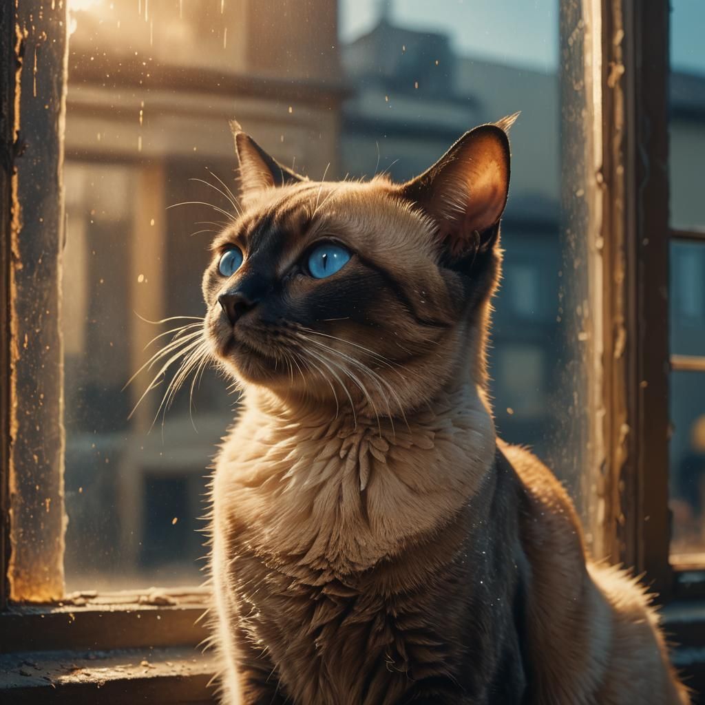 Siamese Cat Gazing Through Grimy Window