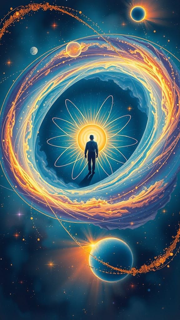 Cosmic Harmony: Atom and Galaxy Unite in Celestial Ballet