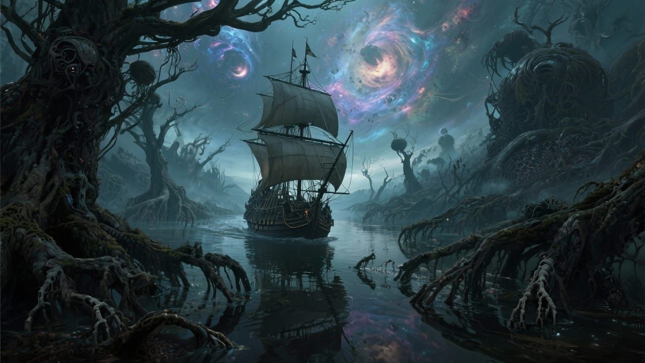 Pirate Ship Navigates Cosmic River in Dark Fantasy
