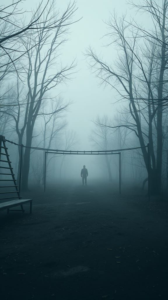 Chernobyl Playground: Eerie Fog and Distant Figure