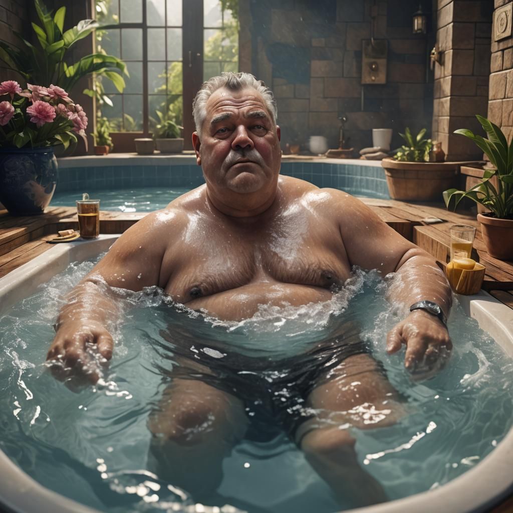 Hyperrealistic Fat Man in Jacuzzi: Detailed Matte Painting