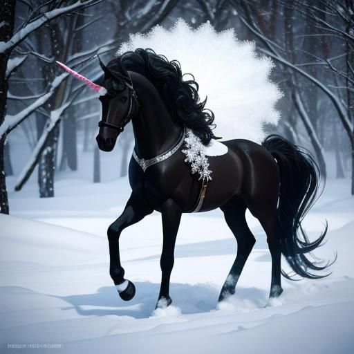 Black Unicorn Covered by Huge Snowflake