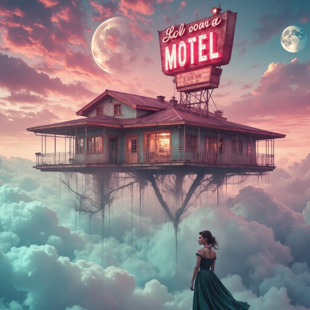Floating 1970s Motel in a Dreamlike Cloudscape