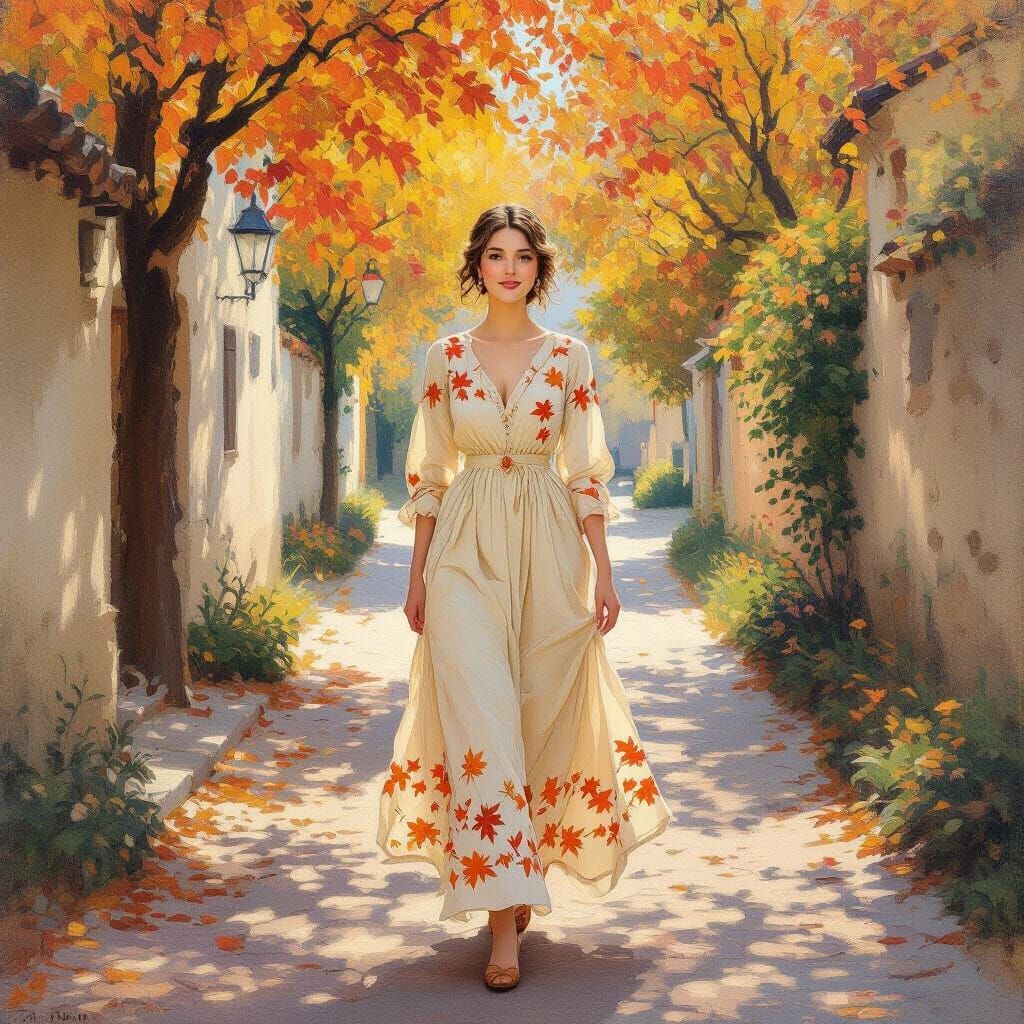 Serene Woman in Autumn Leaves Dress, Impressionist Style