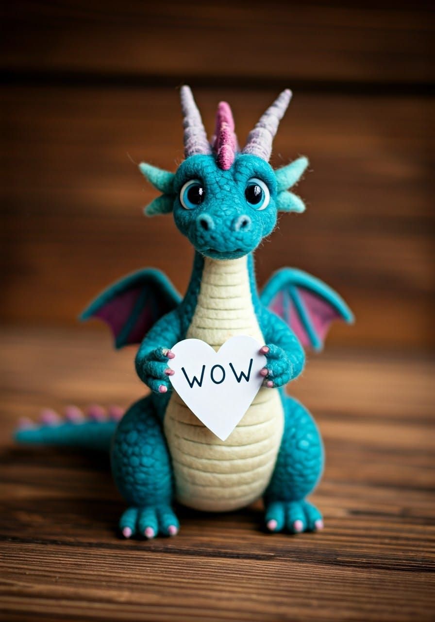 Cute Wool Dragon Holds Heart Card
