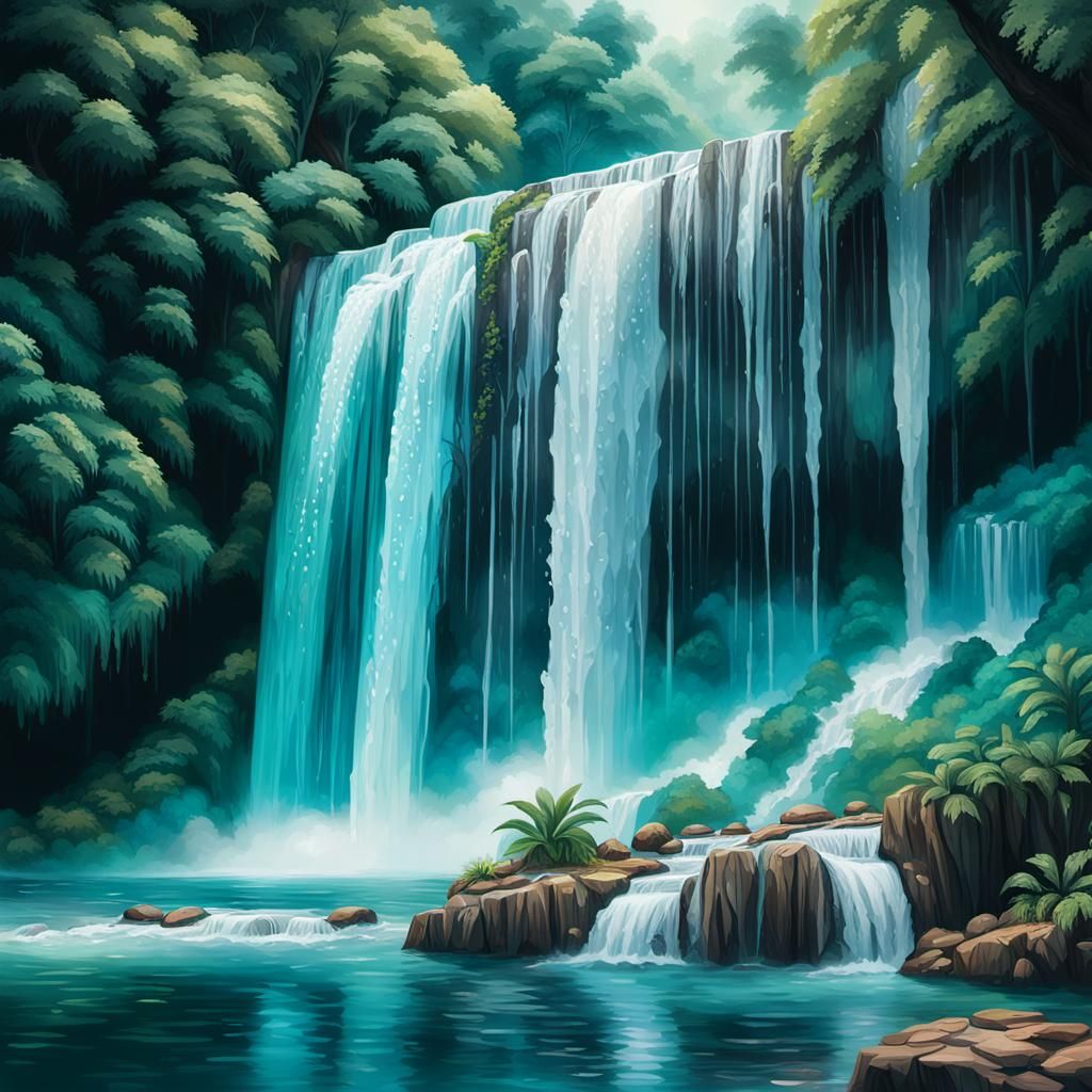 Woman Behind Waterfall in Hyperrealistic Style