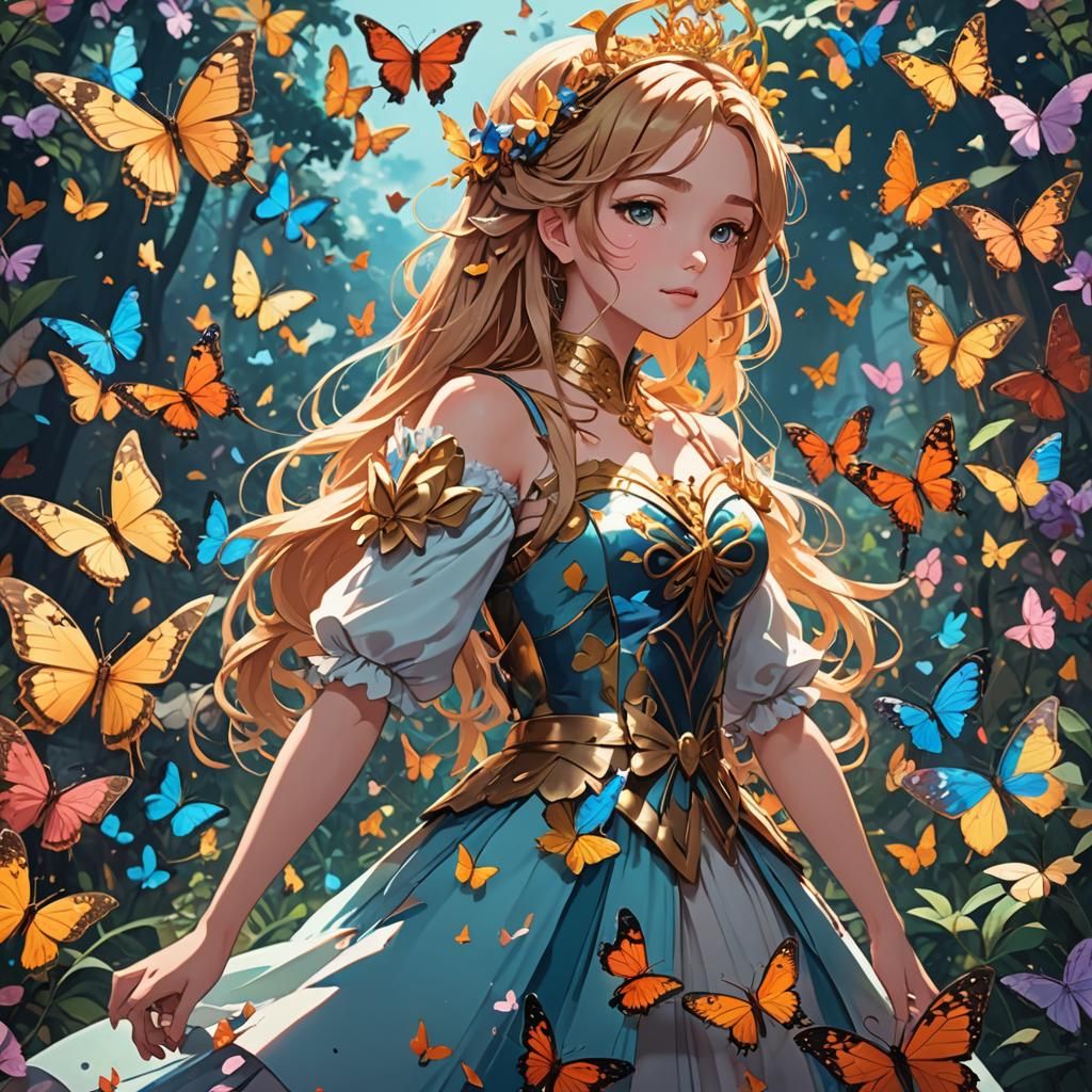 Anime Princess Surrounded by Butterflies
