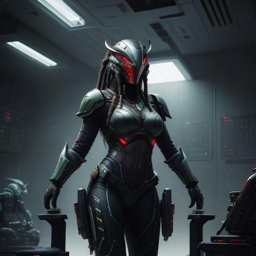 A Queen female Predator, sitting in captain chair, captain throne, wearing Predator helmut, dread locks, tall, large che...
