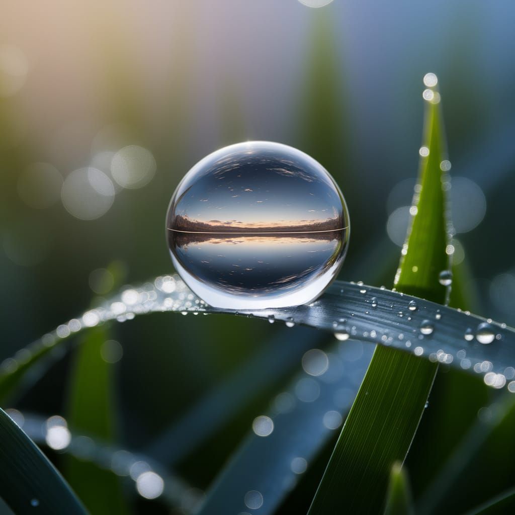 Dewdrop Reflecting Serene Landscape on Grass Blade