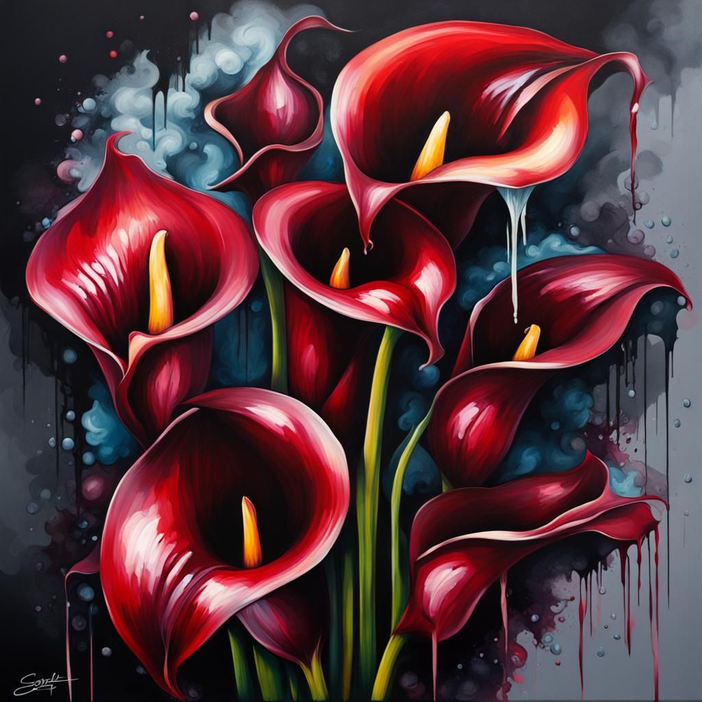 Graffiti Art: Dark Red Calla Lilies in Splash Style