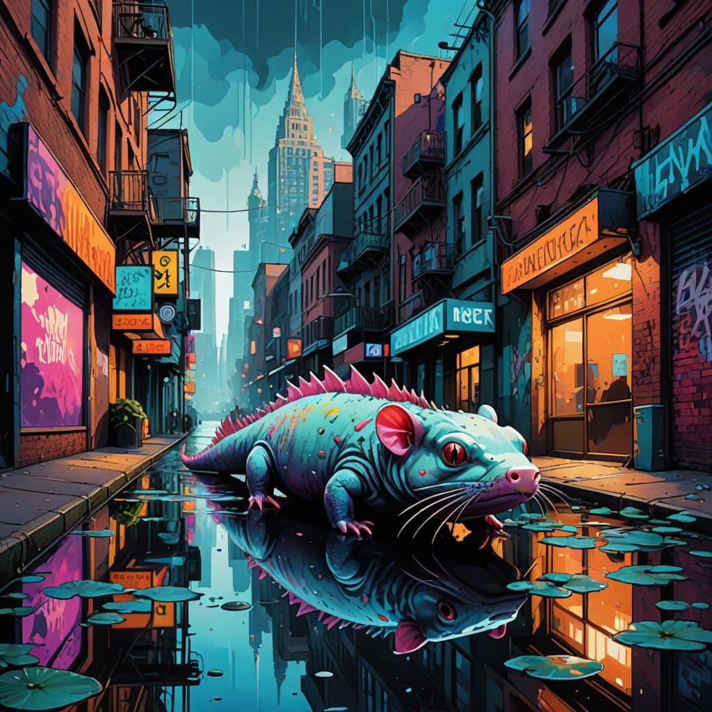 Surreal Underwater Cityscape with Axolotl in Vibrant Street ...