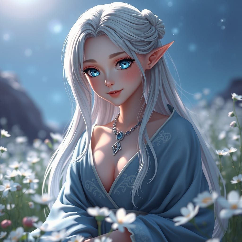 Goddess in Silver Blue Robe Smiles Under Starry Night Sky