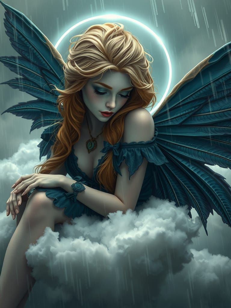 Gothic Faerie Reclines on Haunting Rain Clouds