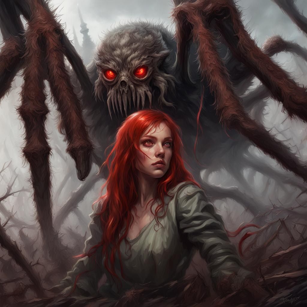 Fantasy Girl and Spider on Battlefield in Horror Style