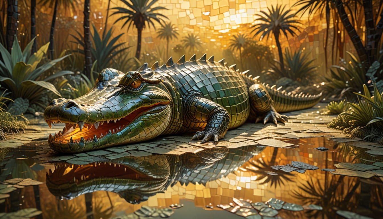 Glass Crocodile in Mosaic African Landscape