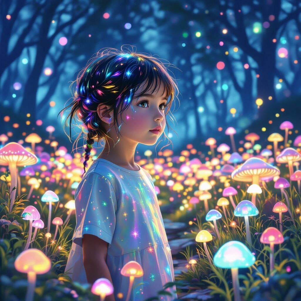 Iridescent Girl in Mystical Forest Twilight