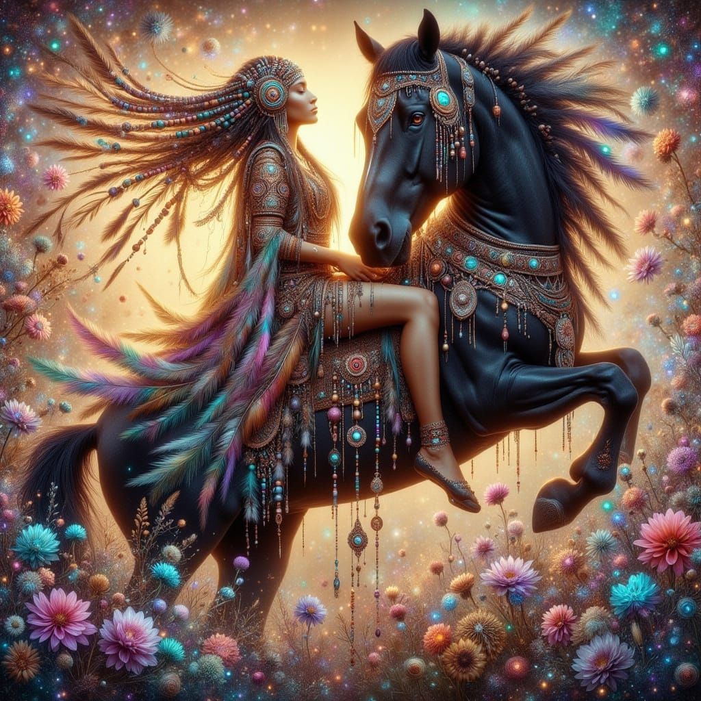 Woman on Horseback in Mystic Aura Style