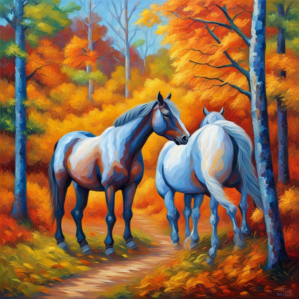 Horses in Autumn Forest: Neo-Impressionist Oil Painting