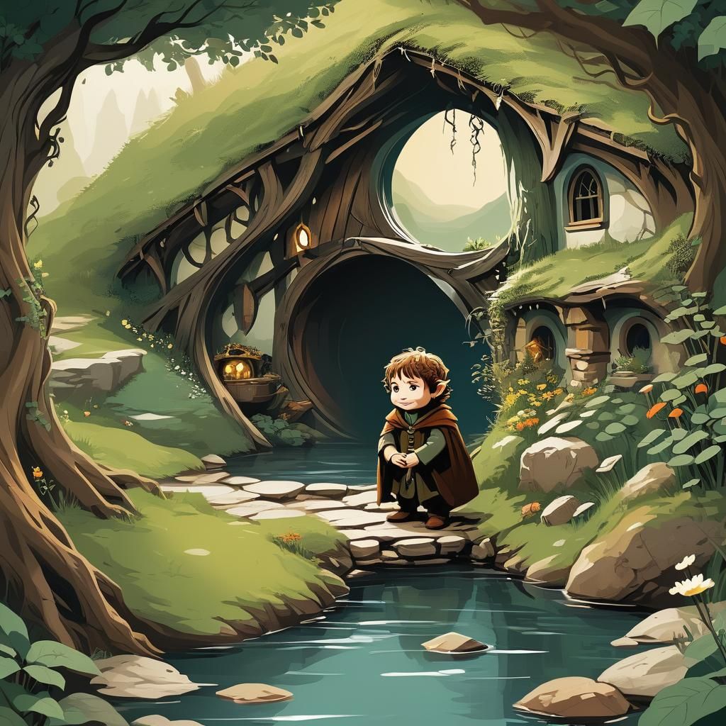 Heroic Hobbit and Baby in Sunset Illustration