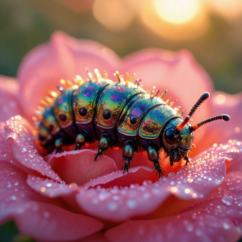 Iridescent Caterpillar on Rose Petal: Macro Photography