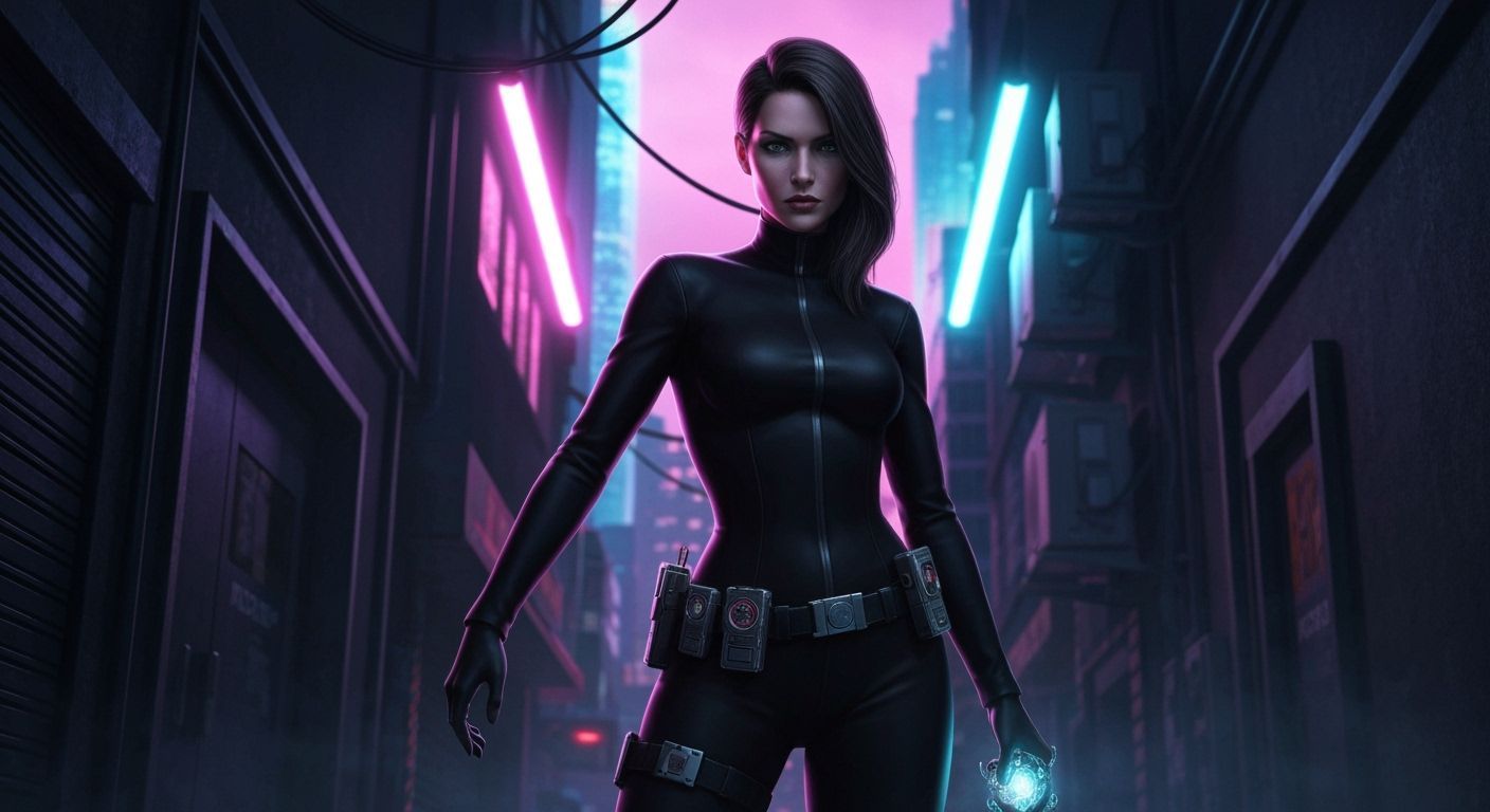 Elite Agent in Neon Alley: Noir Sci-Fi Cityscape