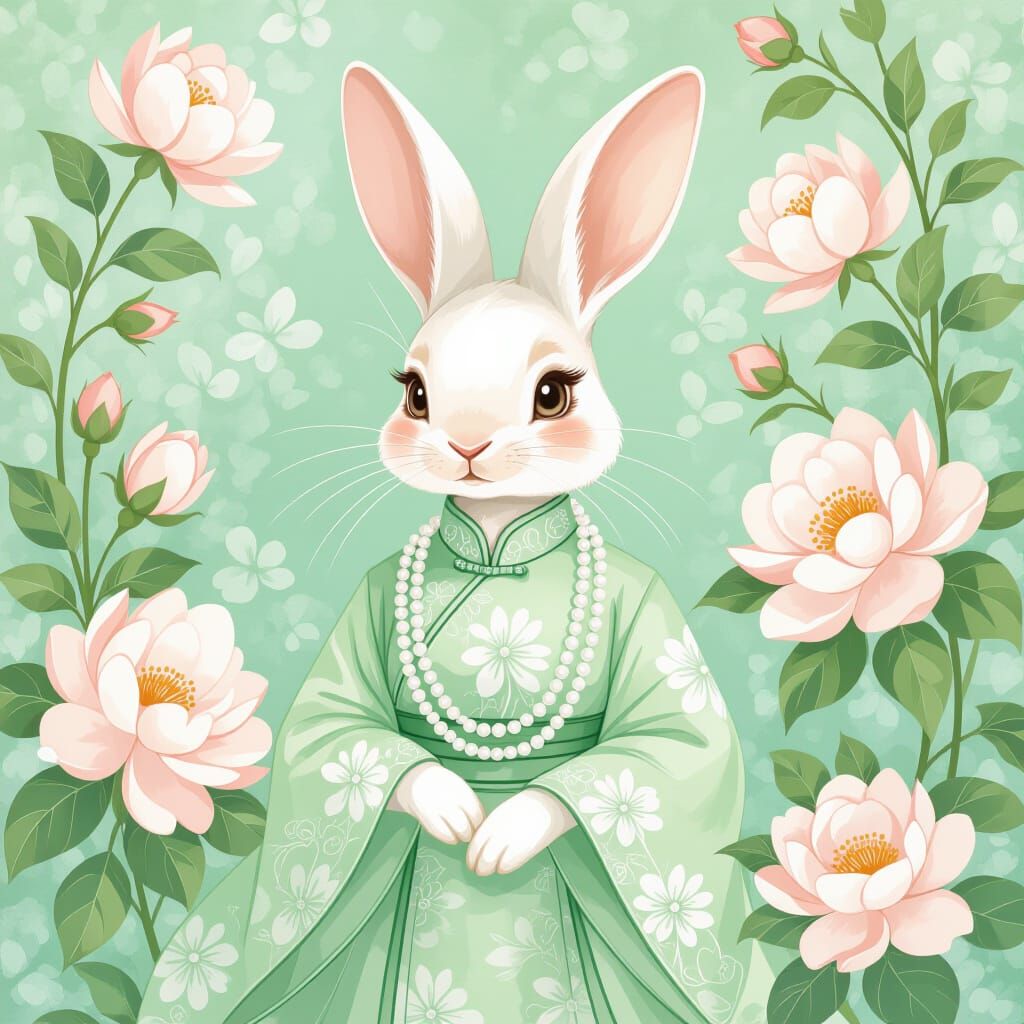Bunny in Chinese Dress with Floral Background