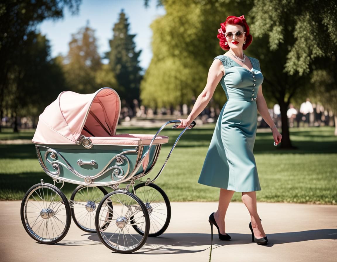 1950s Pinup Model with Chrome Stroller in Park