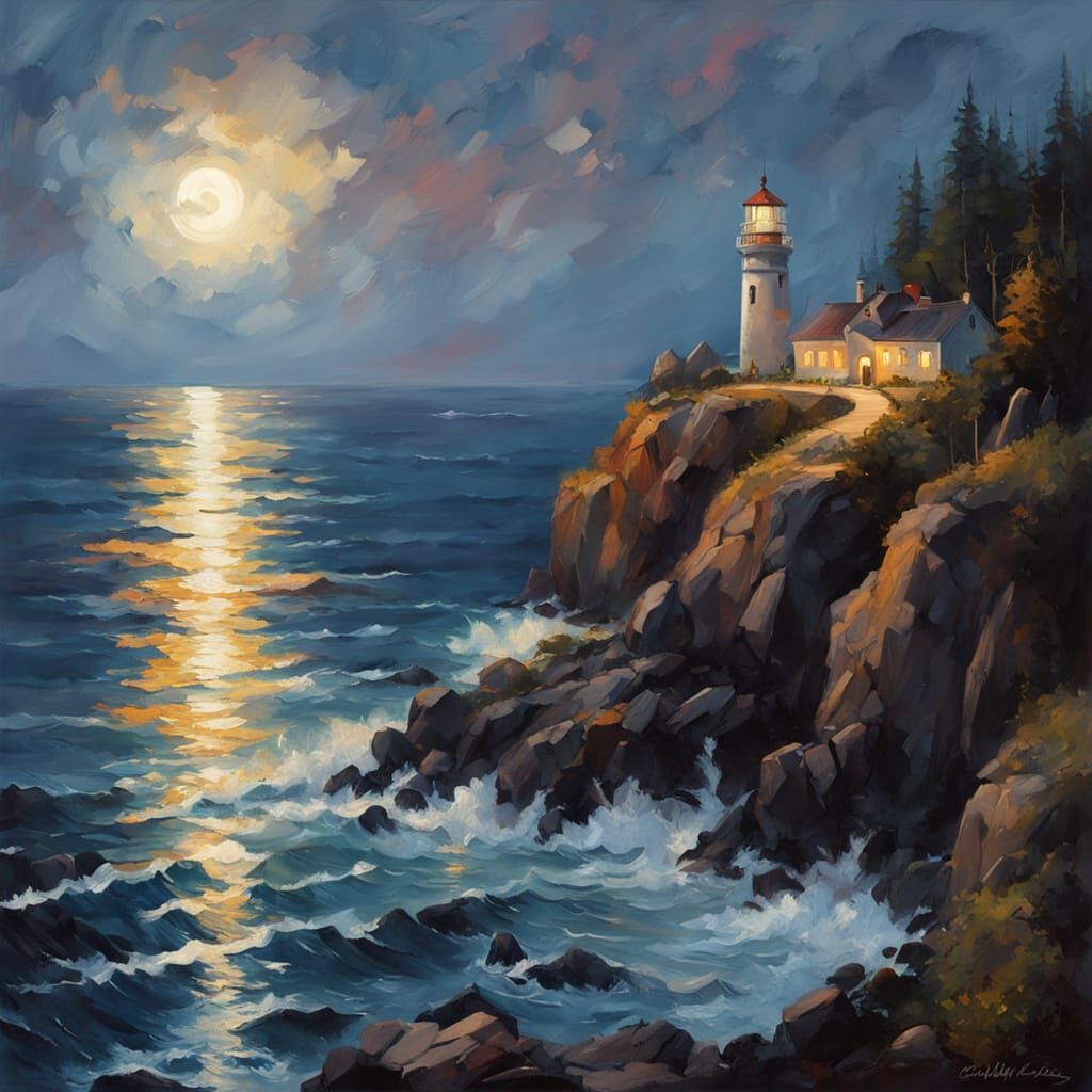 Serene Coastal Scene at Night, Impressionistic Painting