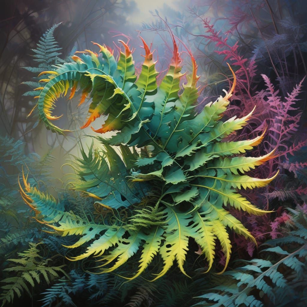 Vibrant Fern Frond in Whimsical Fractal Style